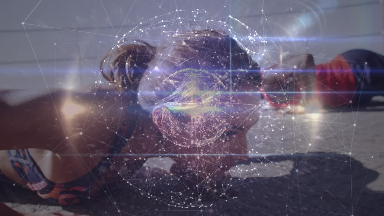 animación de la red de conexiones sobre mujeres y hombres que hacen ejercicio al aire libre