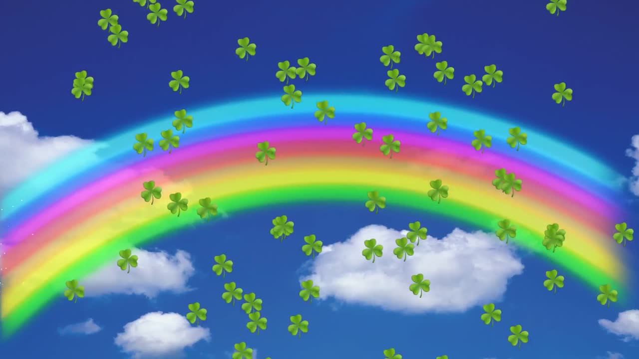 Animation of rainbow and green clovers floating for St. Patrick's day