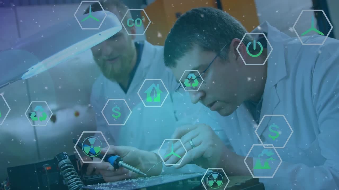 아이콘의 애니메이션과 실험실에서 다양한 남성 과학자들에 눈이 떨어지는 것