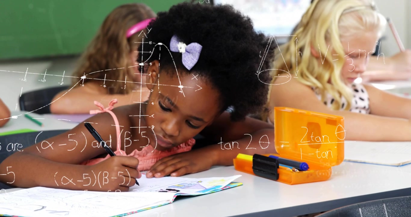 Student writing math notes in classroom, producing animated algebra equations evolving around head
