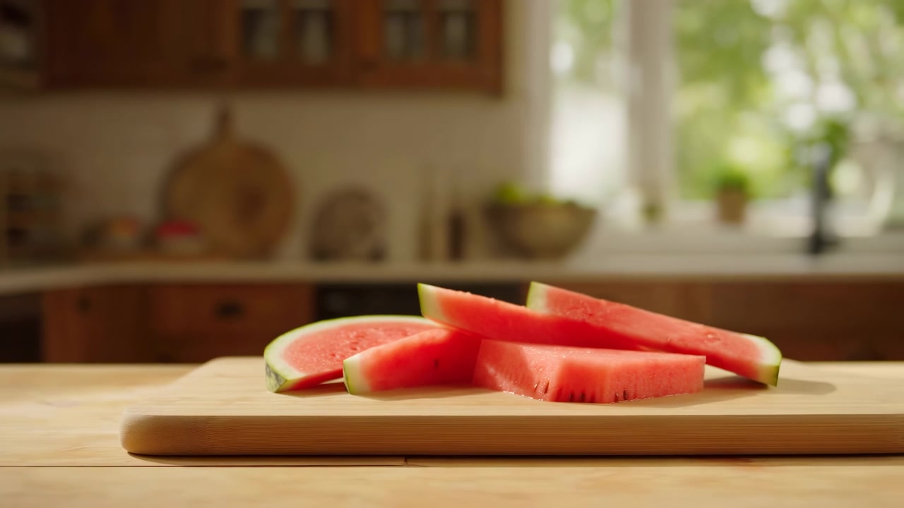 Disposition de tranches de pastèque sur une planche à découper, dans une cuisine avec des armoires en bois et des fenêtres, avec des tranches de pastèque, sur une planche à découper en bois, mettant en valeur la texture de la pastèque