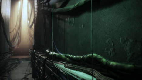a dark and rusty corridor filled with cables and wires