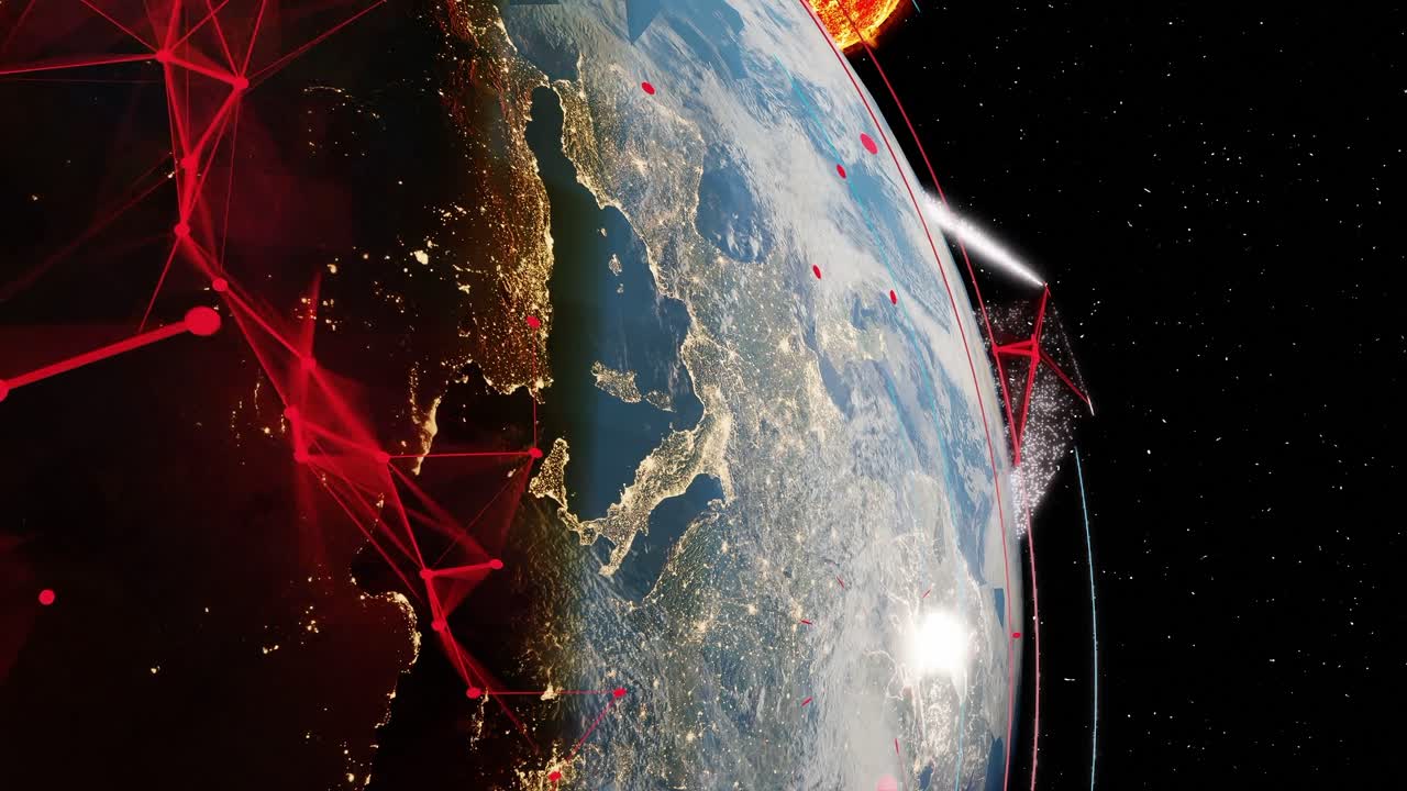 globo planeta tierra girando en el espacio vacío con el sol y la animación de la conexión electromagnética entre la gran ciudad