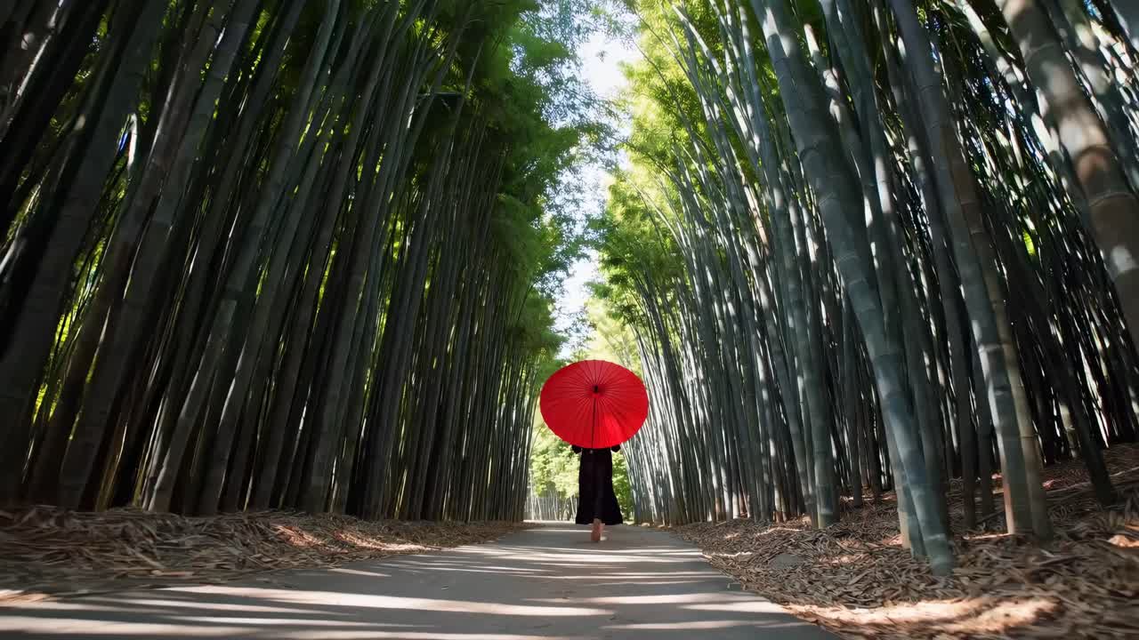 Persona che cammina con un ombrello rosso attraverso un sentiero sereno in una foresta di bambù