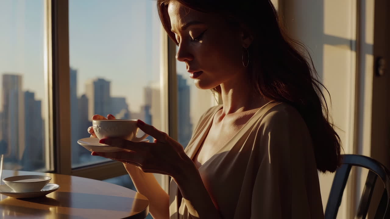 Woman enjoying coffee/tea at a window with a city view
