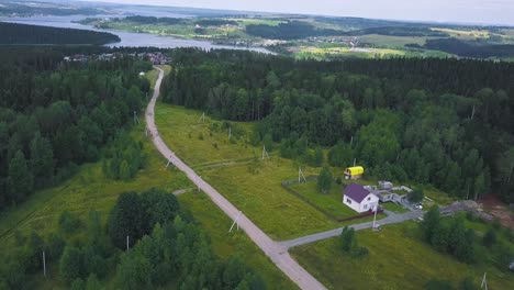 aerial view of a countryside landscape with house and lake