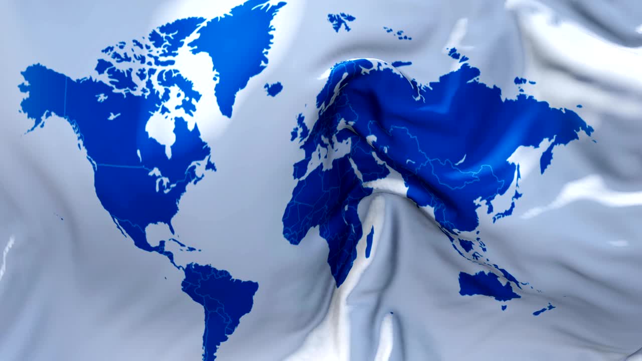 바람 속 느린 동작 애니메이션에서 세계 지도 발을 흔들고, 4k 현실적인 직물 질감 발이 바람이 불어오는 날에 부드럽게 불고, 연속적인 원활한 루프 배경.