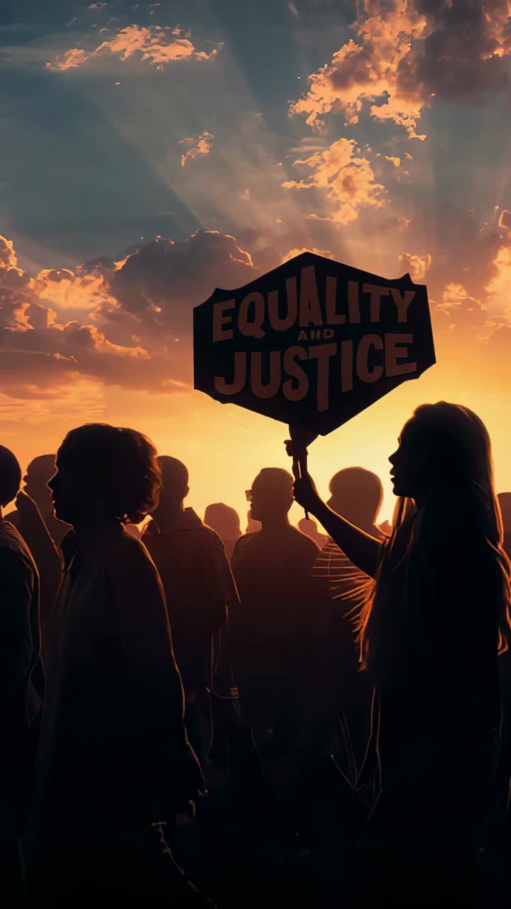 Vertical video: Raising protester steadying sign at sunset plaza, sign reading EQUALITY AND JUSTICE