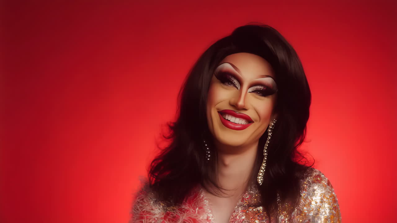 Drag Queen gioiosa con trucco vivace su sfondo rosso