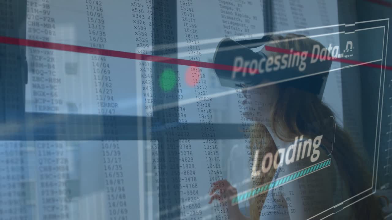 animación del procesamiento de datos en la pantalla sobre la mujer usando auriculares vr