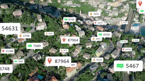 animation of social media notifications over aerial view of modern town