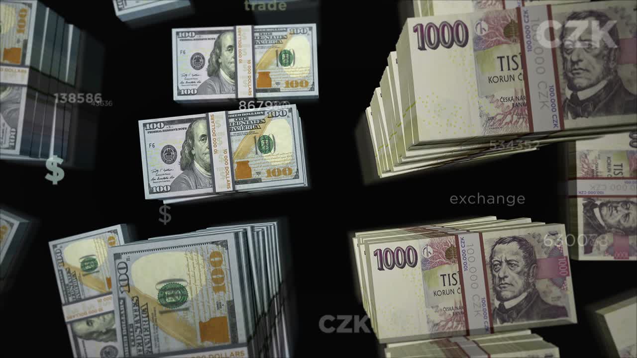 미국 달러와 체코 코로나 화폐 교환 루프 애니메이션