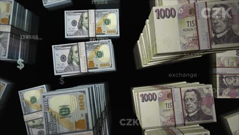 dólar estadounidense y corona checa animación de intercambio de dinero