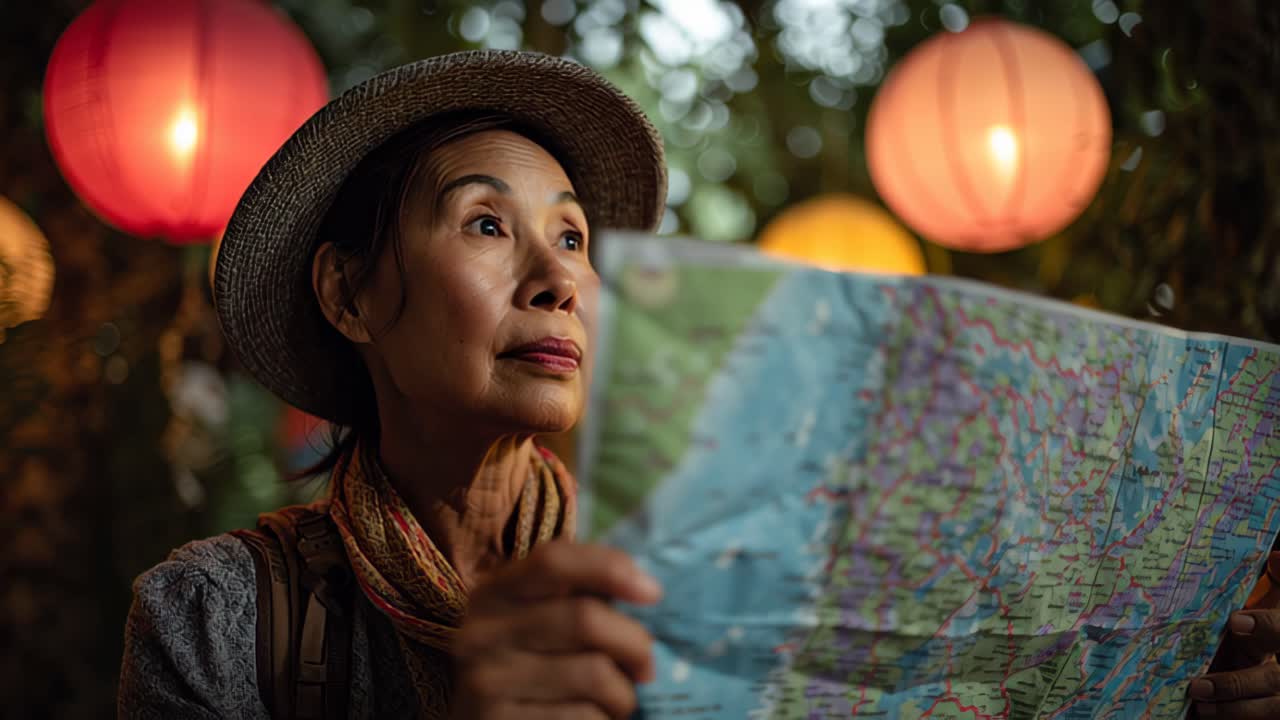 Anziana donna asiatica pensierosa con cappello e sciarpa che studia una mappa di carta sotto lanterne luminose di notte, catturando viaggio in solitaria, navigazione, esplorazione e avventura in un'ambientazione esterna suggestiva