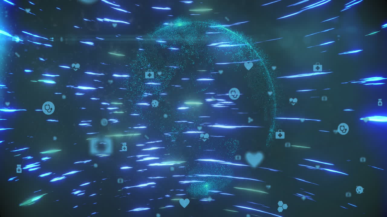 animación de una red de iconos digitales sobre un globo brillante