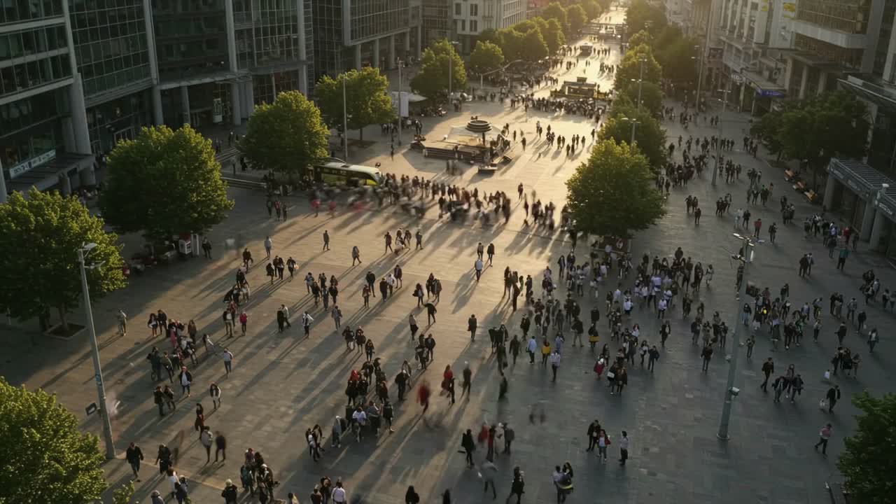 A vibrant crowd has come together in the city square, basking in the beautiful golden hour of the lively urban landscape