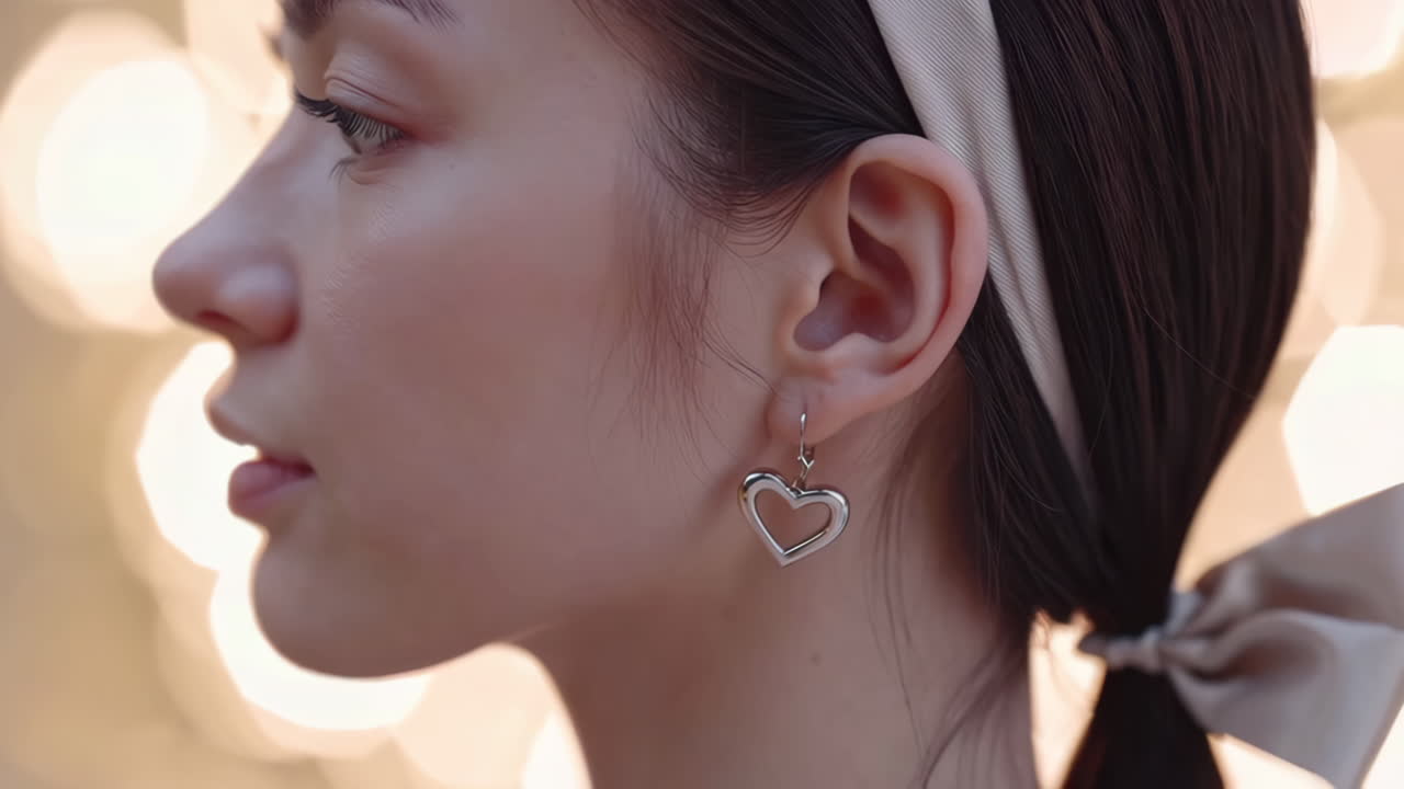 Woman wearing heart-shaped earring with bokeh background
