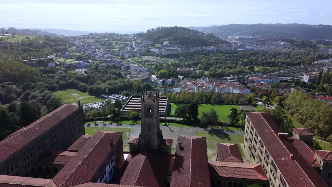 4K drone aerial view of the Minor Seminary in Santiago de Compostela in the Belvís area