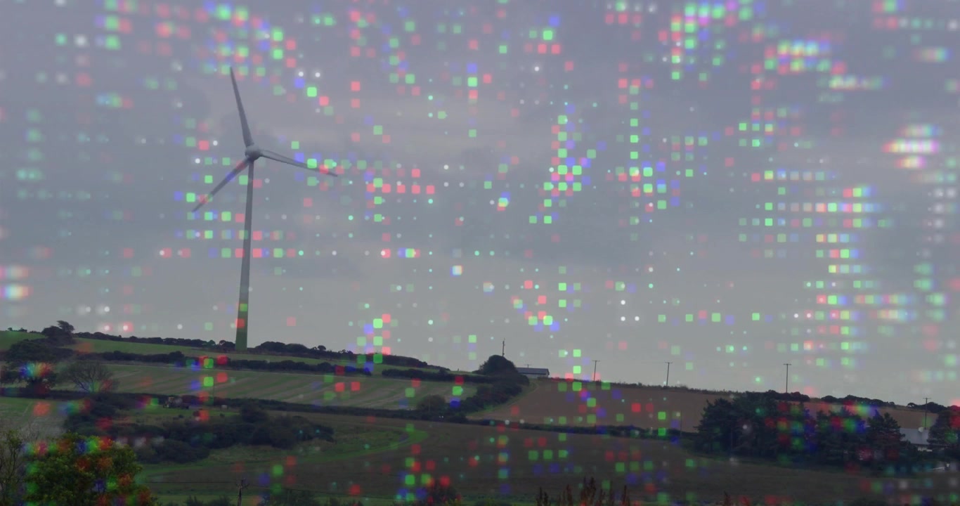 Åbningsscene der viser en vindmølle med roterende vinger under et pixel-glitch-overlay, der visualiserer støj.