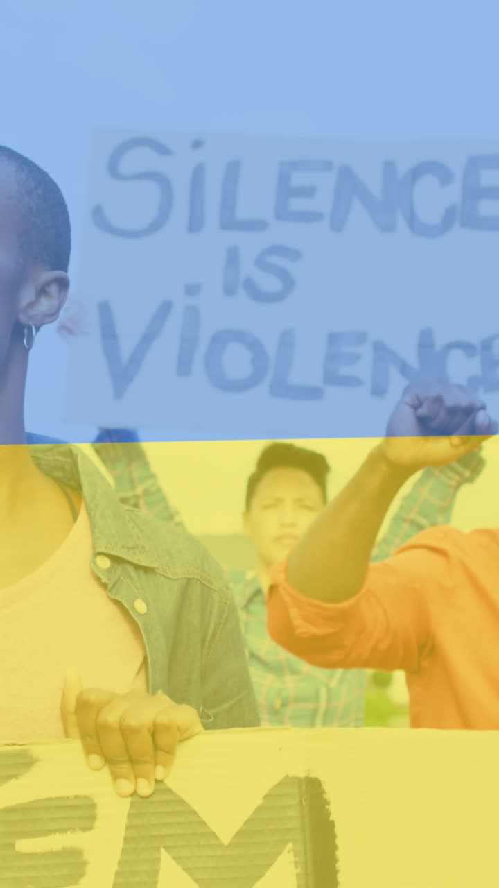 animación de la bandera de ucrania sobre diversas mujeres y hombres manifestantes