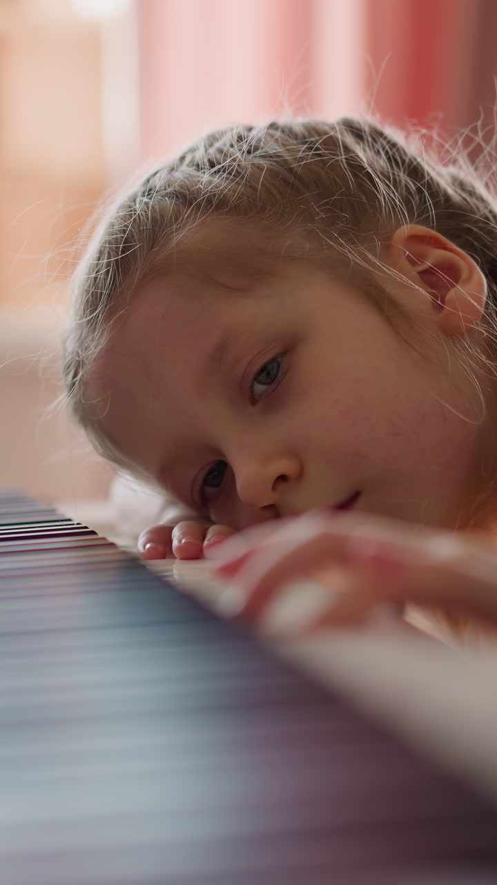 Thoughtful little girl with plaits presses piano keys leaning on instrument in living room. Child learns to play music at home. Art skills lesson