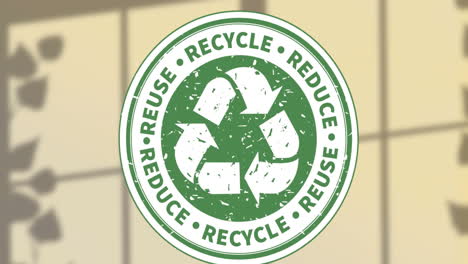 animation of recycling icon with text over shadow of plants on green background