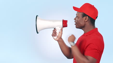Megaphone,-shouting-and-young-black-man