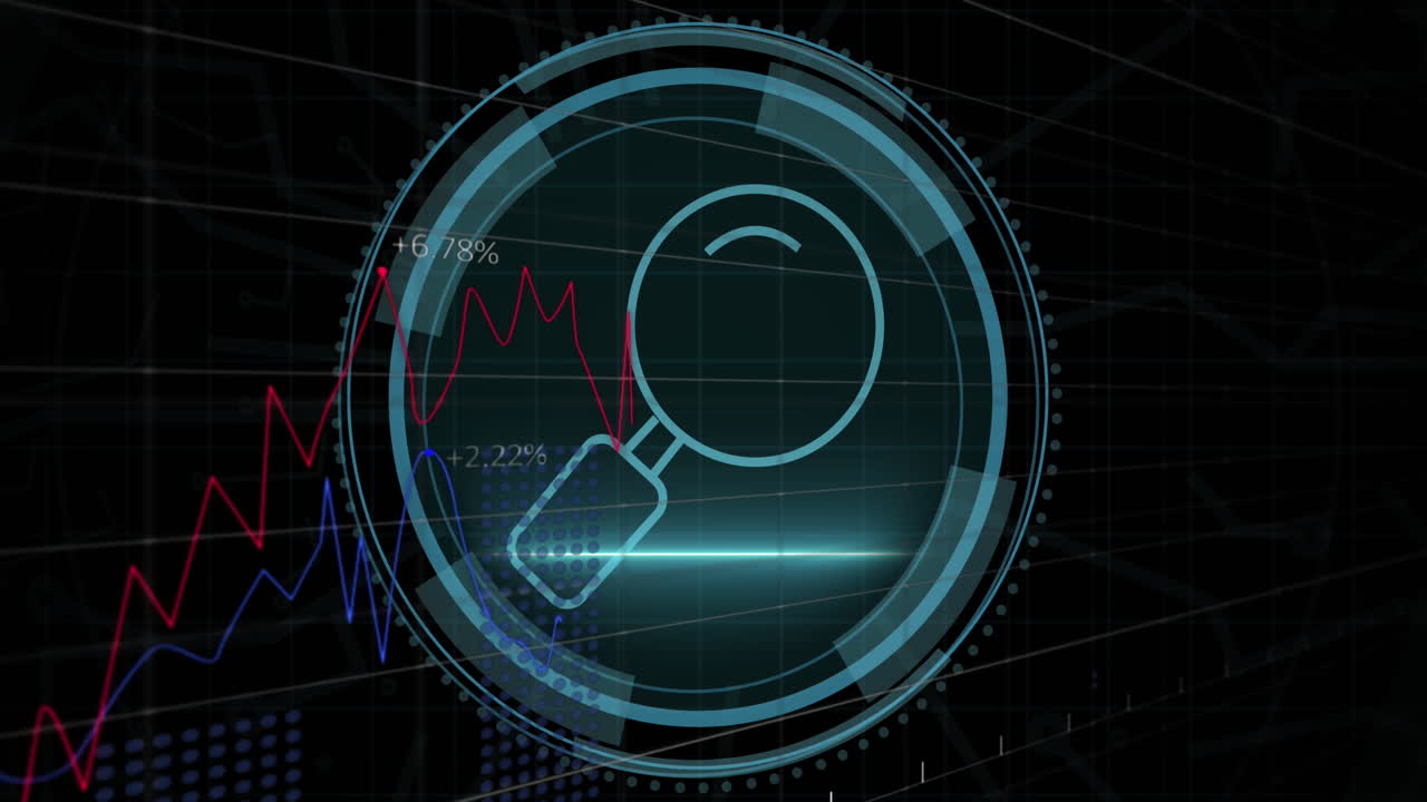 animación del icono digital de la lupa y procesamiento de datos sobre un fondo negro