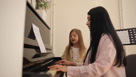 a woman is patiently teaching a little girl on how to play the piano. a woman is patiently instructing a little girl on how to play the piano, guiding her through the intricacies of the musical instrument