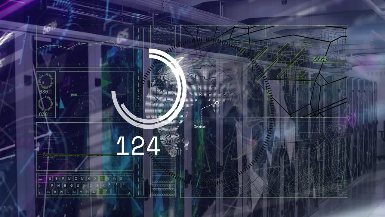 Animation of network of connections and data processing over computer servers