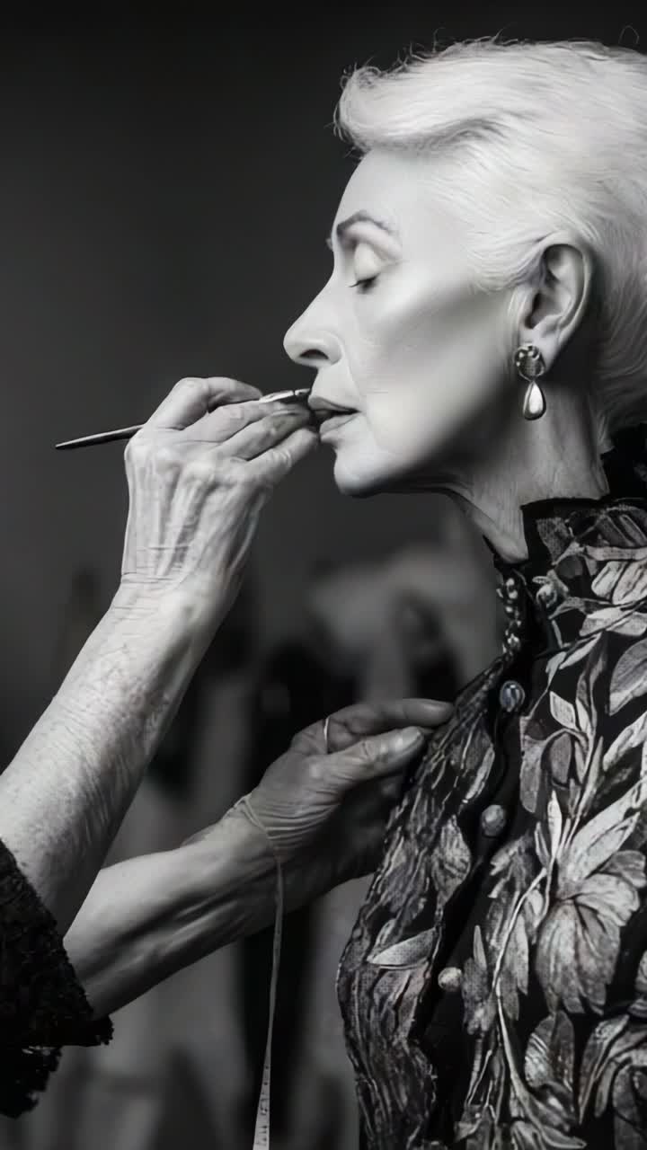 Elegant forvandling: Et tidløst portræt af en elskværdig model, der styles med præcision og kunstnerisk flair i en klassisk sort og hvid opsætning