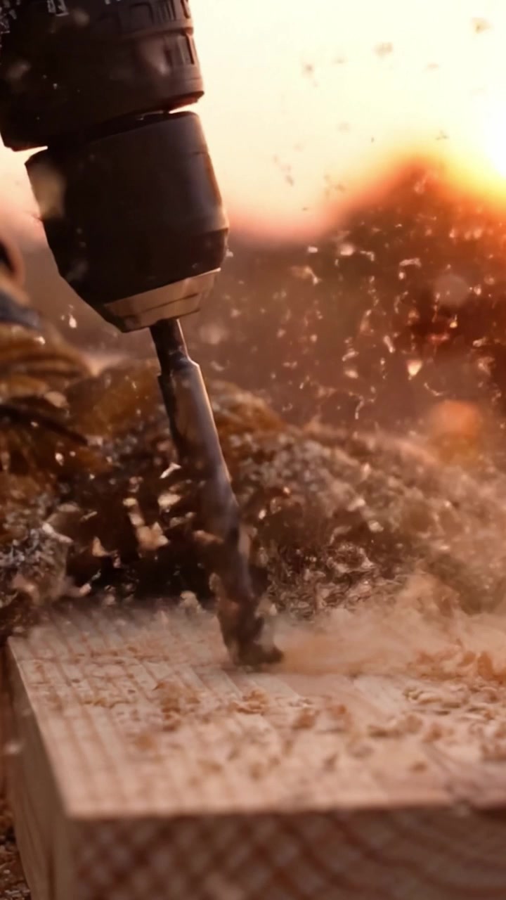 Tecniche di falegnameria intricate: primo piano di una punta da trapano in azione, che crea fori di precisione nel legno sotto il caldo bagliore di un sole al tramonto.