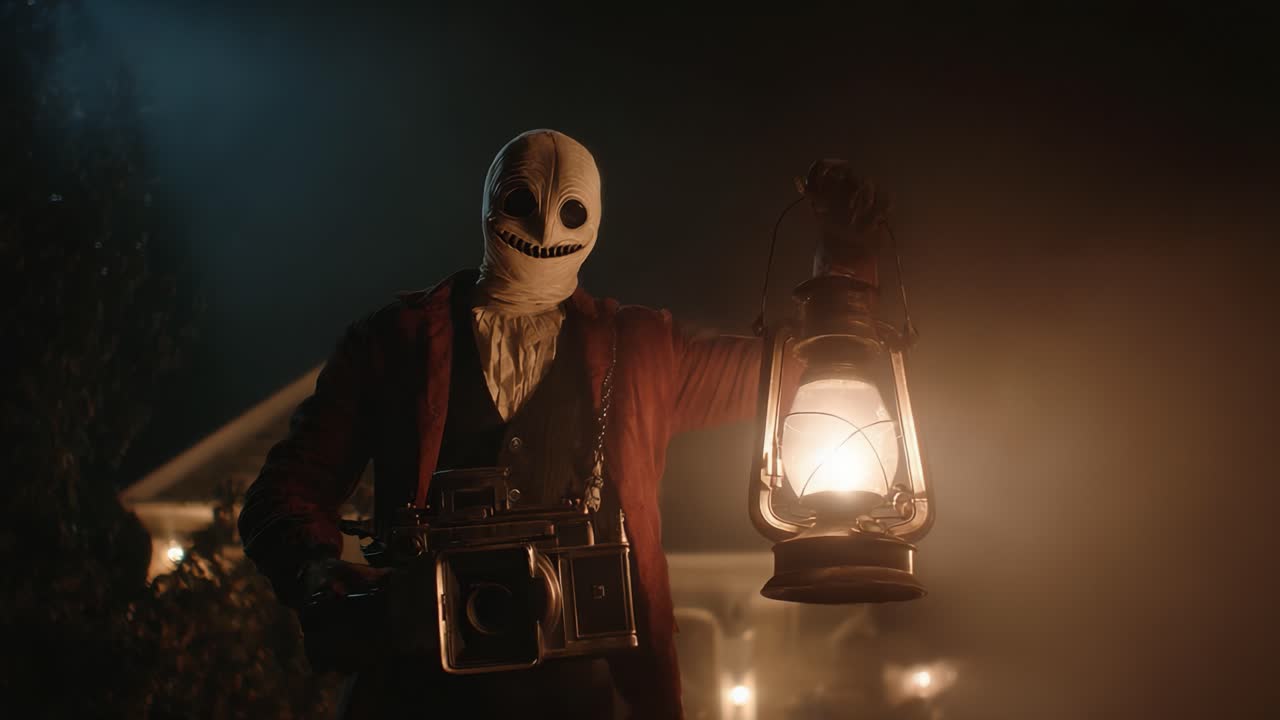 A Mysterious Figure in the Shadows: Lantern and Vintage Camera Illuminate the Night, Evoking a Haunting Atmosphere of Suspense and Intrigue