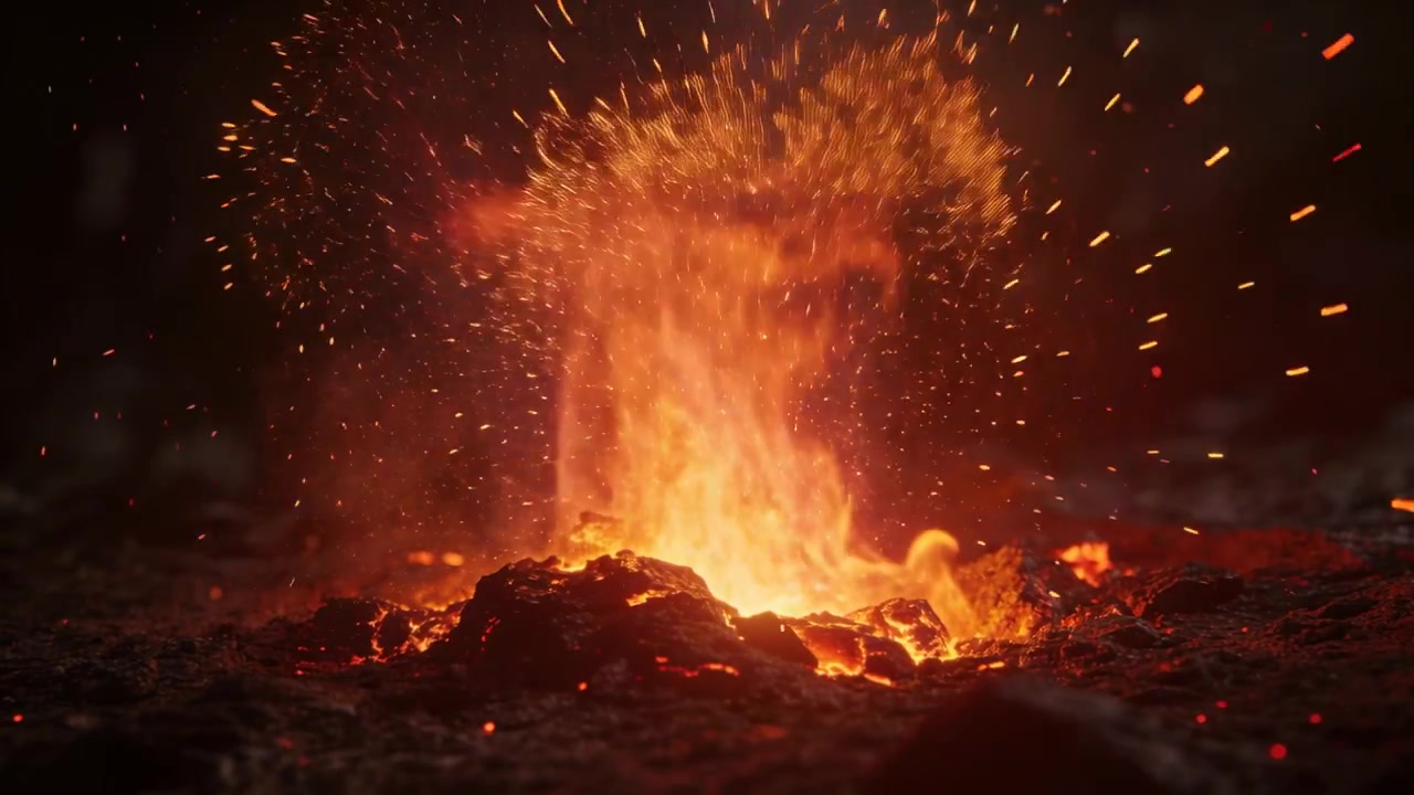 Une bouche volcanique ardente s'élevant, projetant une haute colonne de flammes et des étincelles sur un sol rocheux, déclenchée par l'incandescence d'un cratère.