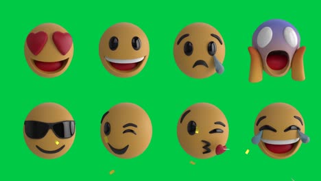 Animation-Von-Konfetti,-Die-über-Reihen-Von-Emoji-Emoticon-Symbolen-Auf-Einem-Grünen-Bildschirm-Fallen
