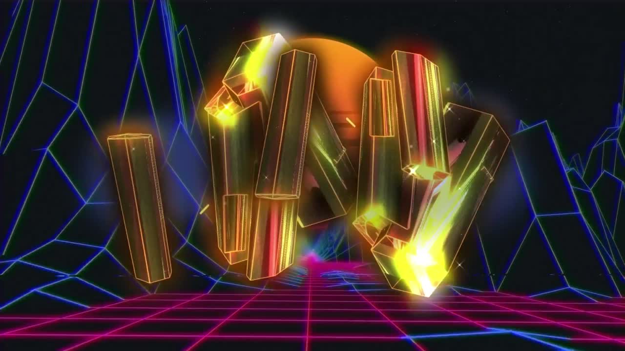 Animation of glowing metallic blocks spinning over sun, map and grid ...