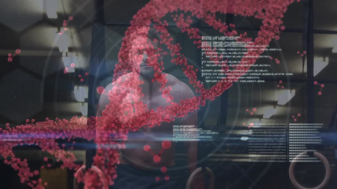 체육관에서 운동하는 강한 남자 위의 dna 가닥의 애니메이션