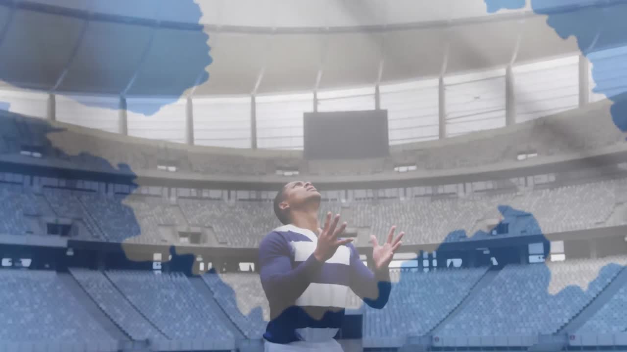 남극  ⁇ 발이  ⁇ 는 애니메이션 남성 럭비 선수가 공을 잡고 있다