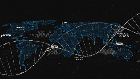 Animation-of-dna-strand-and-data-processing-over-world-map