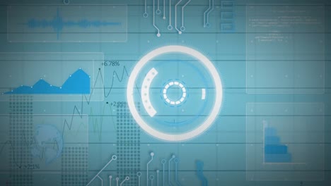 Animation-of-processing-circle-and-diverse-data-and-graphs-over-blue-background