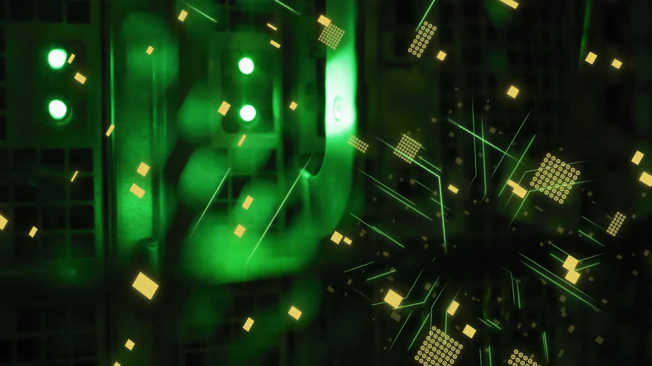Animazione di un circuito stampato e dell'elaborazione dei dati su server di computer.