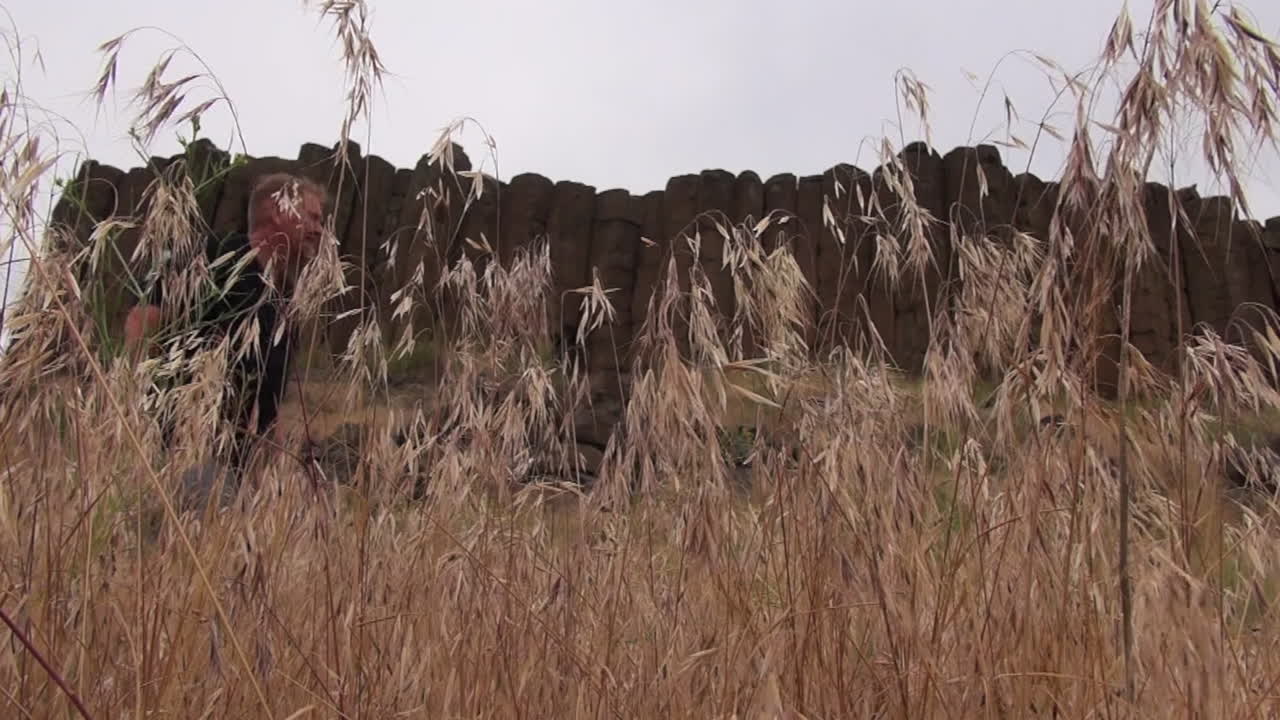 생강 남성 하이커 가 바살트 바위 기둥 의 낮은 각도  ⁇  을 지나간다