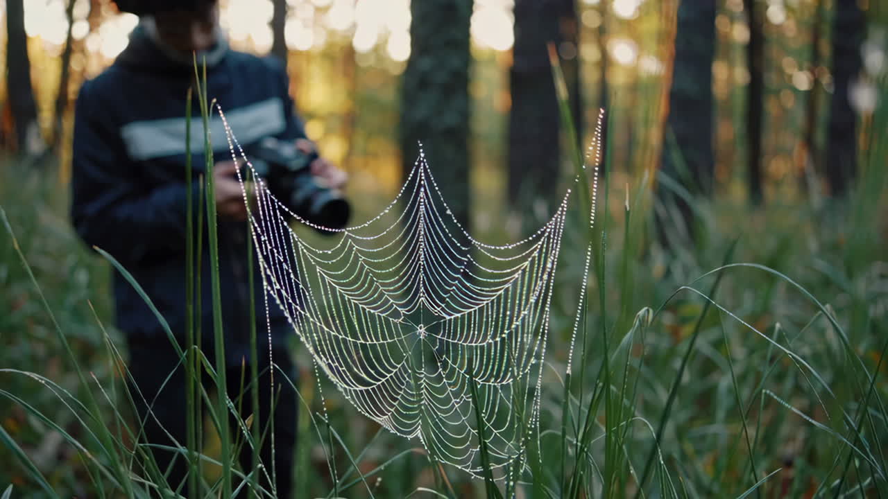 Photographer capturing a dew-kissed spider web in a forest