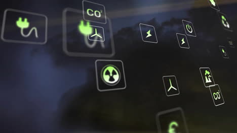 animación de los iconos ecológicos de procesamiento de datos sobre la ciudad
