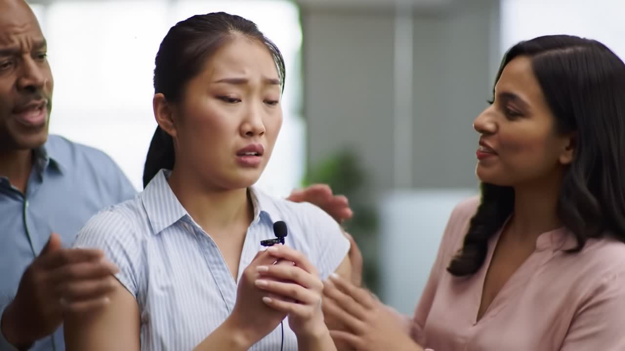 In a corporate office, a woman appears distressed while two colleagues, one man and one woman, offer support and comfort.