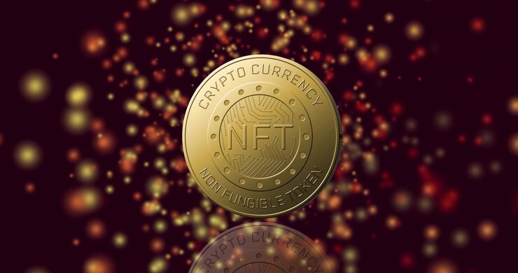 Moneta NFT di criptovaluta dorata che ruota con sfondo scintillante.