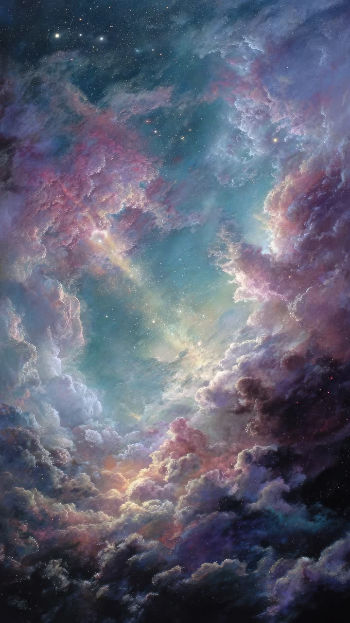 A mesmerizing vertical video frame captures a celestial sky with vibrant clouds and stars, viewed