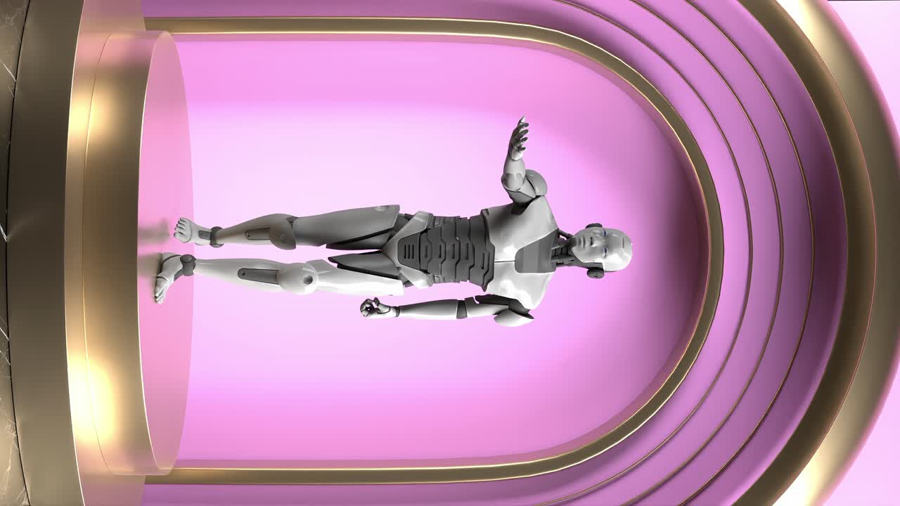 робот на подиуме с розовым фоном, вертикально