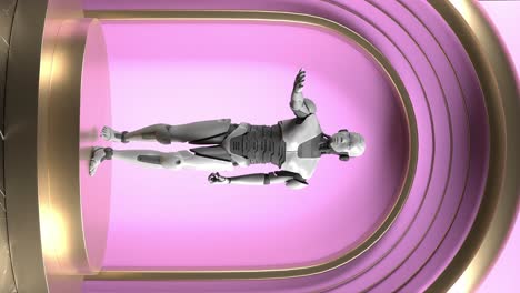 un robot en el podio de exhibición de productos con fondo rosado, vertical