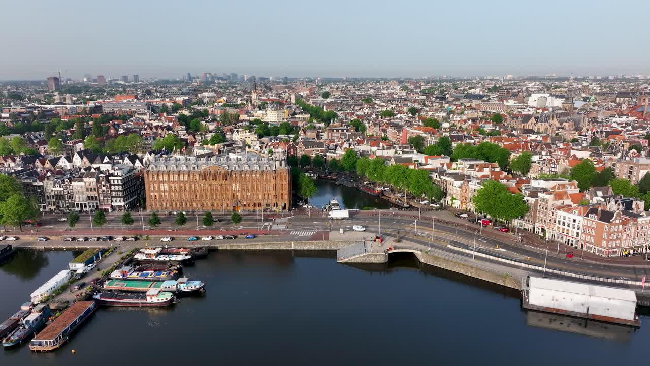 Aerial view of Amsterdam with canals and boats